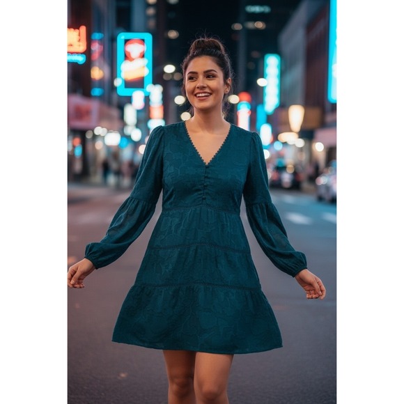 Lulus Dresses & Skirts - Lulus Teal Blue Floral Cocktail Mini Dress Long Balloon Sleeve V-Neck Size S